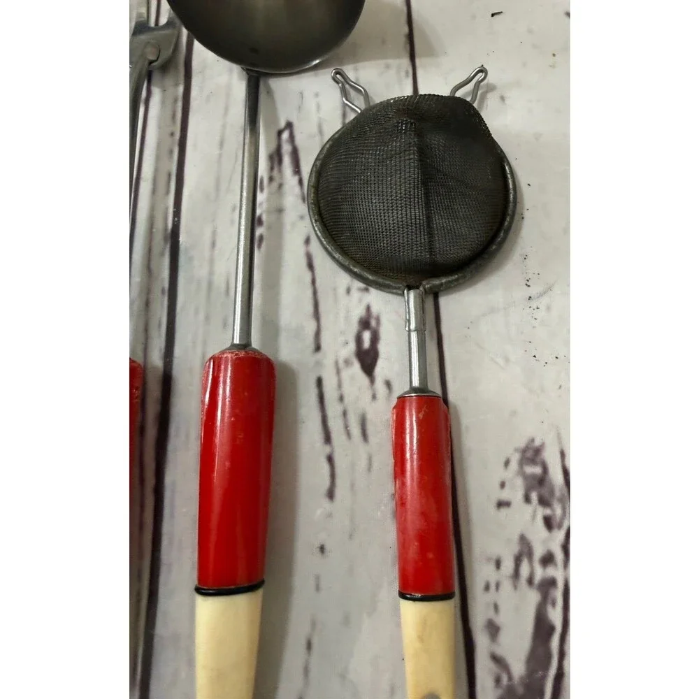 Vintage lot of 4 Kitchen Utensil Red Handle Strainer Ladle Spoon Meat Fork